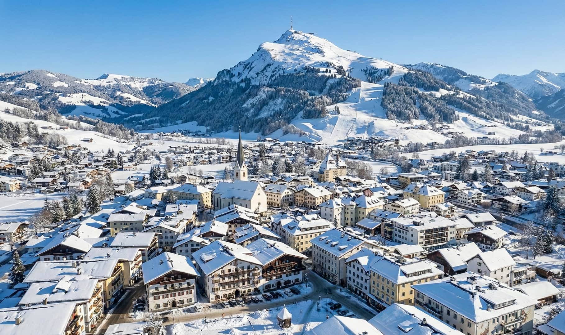 Winter aerial view of Kitzbühel town and mountains